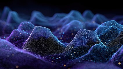 Abstract digital landscape of undulating, interconnected points.  A complex,  3D-rendered surface with  blurry mountain ranges of  violet and blue  dots.  Sparkle of  golden particles is scattered