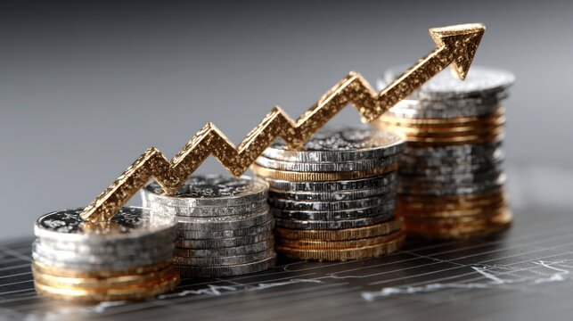 Financial growth indicated by rising graph over stacks of coins
