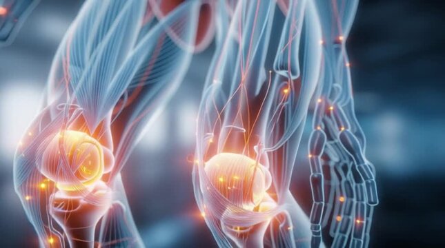 A high-resolution 3D animated anatomical rendering showing physical therapy and rehabilitation of the knee joint and surrounding muscles. The image features a semi-transparent human body in blue tones