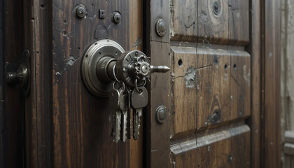 Obraz premium Discover the Intricate Beauty of a Vintage Blue Door with Ornate Brass Doorknob, Hanging Keys, and Subtle Open Entry – Aesthetic Detail for Home Design, Security Hardware, 8K image 