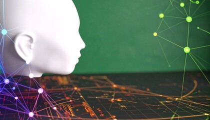 White head profile against green backdrop, overlaid with circuit board and network nodes