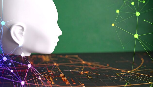 White head profile against green backdrop, overlaid with circuit board and network nodes