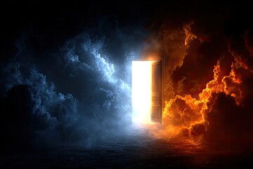 A doorway between contrasting realms.  A large, wooden door opens into a bright space, separated by stormy, contrasting clouds of blue and orange/red