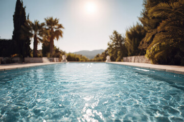 stunning swimming pool under bright sun with crystal clear water reflecting shimmering surface