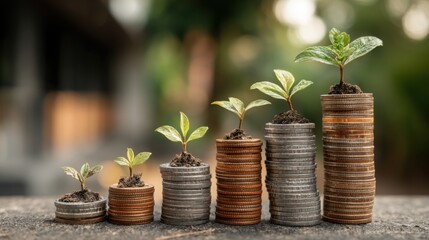 Growing investments represented by plants emerging from stacks of coins outdoors