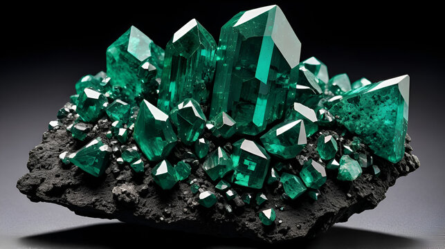 Dark green dioptase exhibits brilliant emerald-green crystals of a copper cyclosilicate mineral.