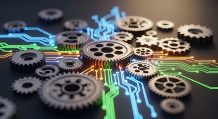 Mechanical Gears and Glowing Digital Circuitry on Dark Background: Engineering, Technology, and Automation Concept