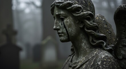  Profile of an angel statue crying black tears in a cemetery, concept of grief, loss, and gothic beauty.