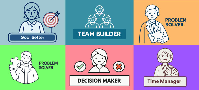Illustrated representation of decision maker, goal setter, team builder, time manager, and problem solver skills for professional growth and efficiency, vector