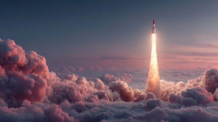 Rocket launch ascends through clouds at dawn creating a stunning visual spectacle