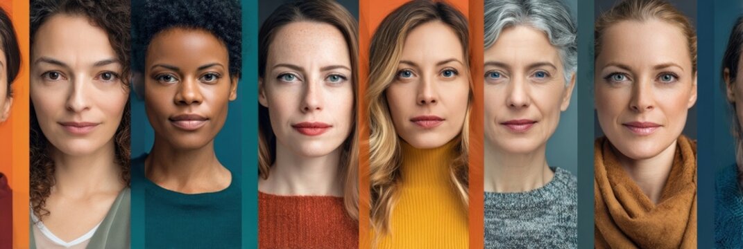 Diverse Group of Women Showcasing Various Expressions in Bright and Contrasting Backgrounds