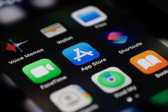 Istanbul, Turkiye - August 5, 2025: Closeup App Store app on iPhone 14 Pro home screen