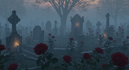 Misty Cemetery at Dusk
