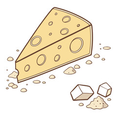 Flat icon of a cheese wedge with crumbs on white background