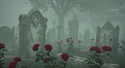 Misty cemetery with roses