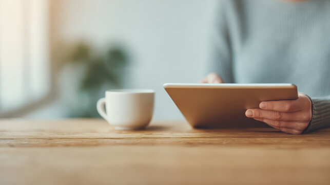 A person sits at a wooden table, holding a tablet with a coffee cup nearby, enjoying a cozy, productive moment.