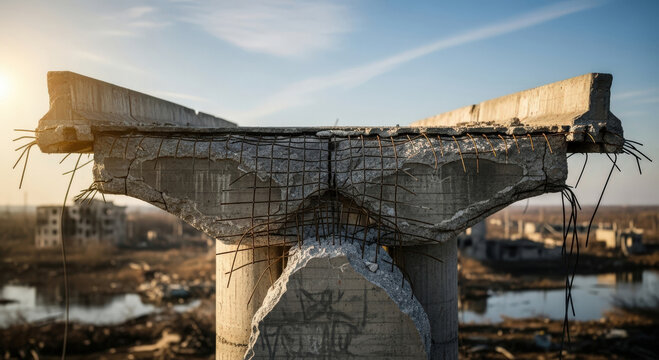 Collapsed bridge against the sky. A destroyed road bridge, symbol of infrastructure damage