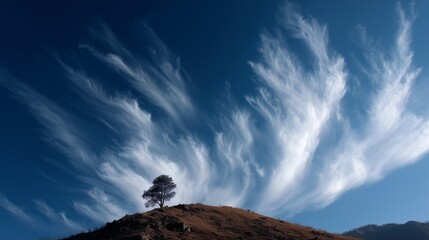 A solitary tree on a hilltop beneath sweeping, wispy clouds set against a vibrant blue sky, creating a dramatic scene.