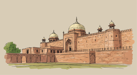 Lahore Fort Vector Sketch &ndash; Colorful Heritage Landmark Art