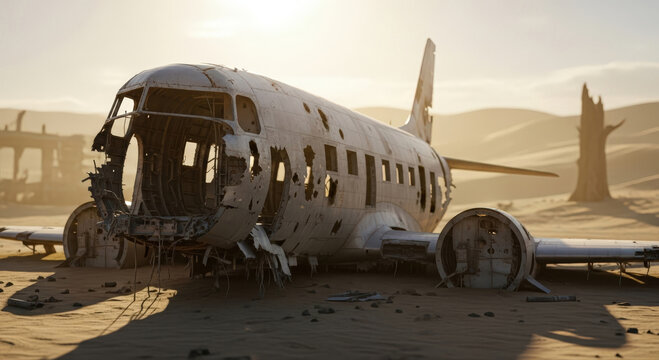 An abandoned plane wreck rests in the desert at sunset, a poignant image of time passing