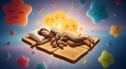 Whimsical Dreamscape: Person Asleep on Giant Toast Bed in Starry Sky with Smiling Cartoon Stars and Moons