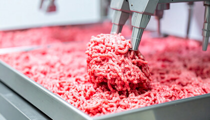 Meat Processing in Modern Industry: A close-up shot of a state-of-the-art food processing plant, highlighting the automated preparation of fresh, ground meat.