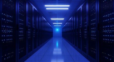 Fototapeta premium Illuminated Server Room Aisle with Glowing Blue Lights and Data Racks Technology