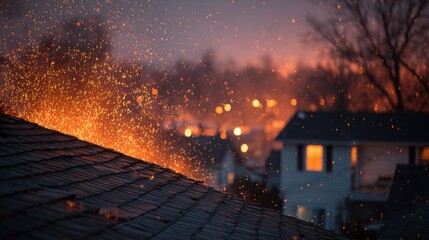 Flames and sparks illuminate the night sky over quiet neighborhood