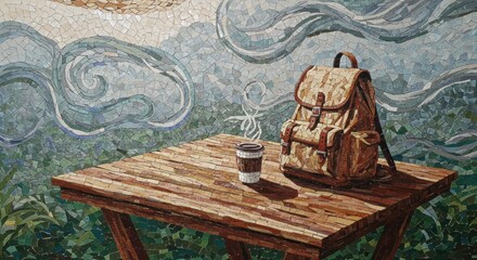 Mosaic of coffee and backpack