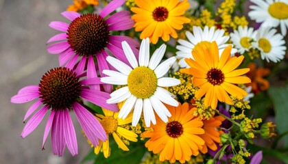 Vibrant Bouquet of Echinacea Daisies and Calendula Flowers in Summer Garden Light