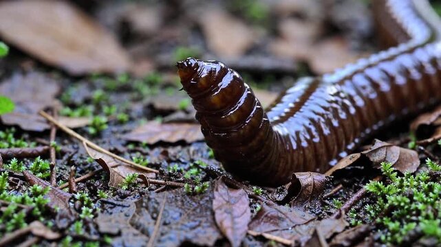 Giant Hammerhead Worm Traversing Forest Floor Striking, Dynamic Stock Image for Vibrant Marketing Campaigns.