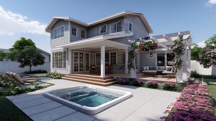 View of a beautiful house with a pool and a patio on a sunny day in the summer