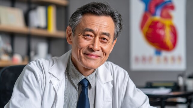 A man in a white lab coat is smiling in front of a heart poster. He is wearing a blue tie and he is a doctor