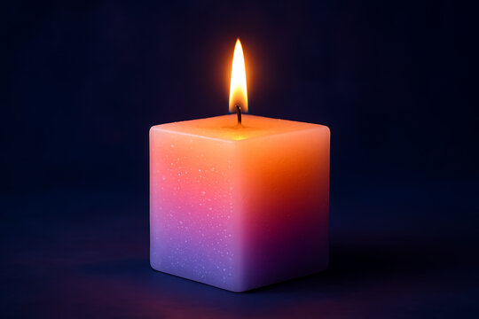 Burning cube shaped candle with smooth gradient wax surface in warm hues, minimalist ambient lighting for wellness and decorative interior styling - Powered by Adobe