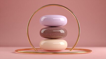 Stacked pastel pebbles with golden ring on pink background, 3D render