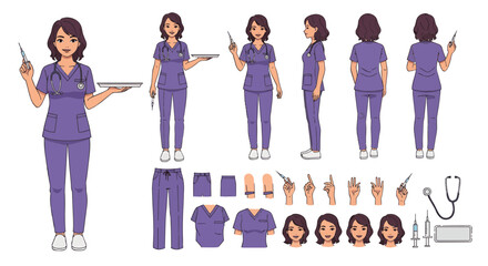 Obraz premium Female nurse character creation set in purple scrubs