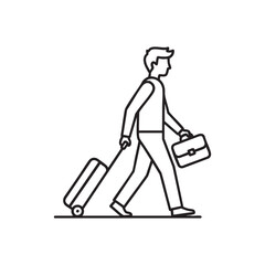 Stylized line art illustration of a businessman walking with a rolling suitcase and briefcase
