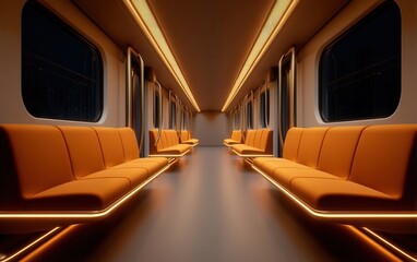 Fototapeta premium Futuristic Train Interior Showcasing Sleek Design and Glowing Orange Seating