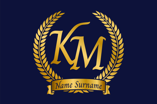 Initial letter K and M, KM monogram logo design with laurel wreath. Luxury golden calligraphy font.