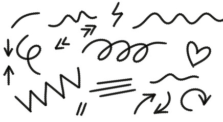 Hand-Drawn Doodle Elements: Arrows, Lines, Hearts, and Symbols in Black and White for Design and Illustration