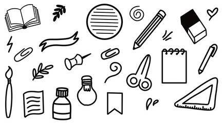 School Supplies Doodle Set: Hand-Drawn Stationery Vector Icons for Education, Art & Design Projects - Notebook, Pencil, Eraser, Brush, Scissors & More!