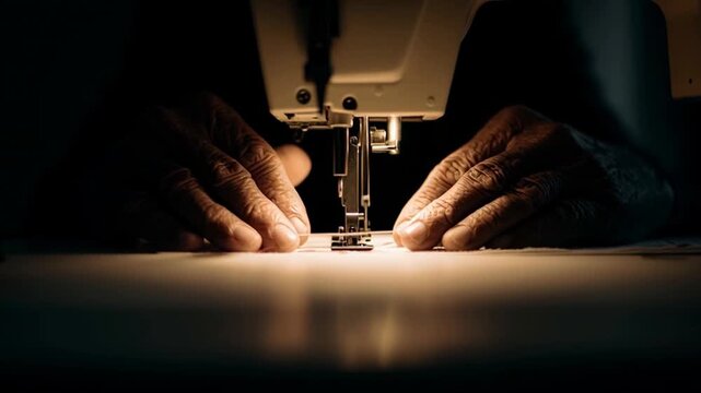 Tailor's hands adjusting fabric on sewing machine in workshop  