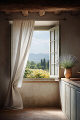 Serene countryside view through an open window in a rustic kitchen. Sheer curtains billow gently, lavender sits on the counter.  Evokes calm, tranquility, and escape. © SolaruS