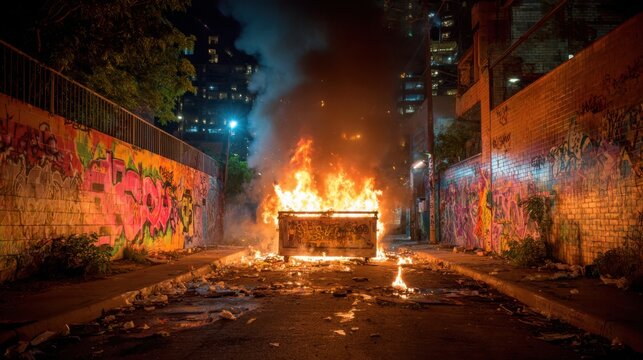 Fire burns brightly in urban alleyway with graffiti-covered walls at night - Powered by Adobe