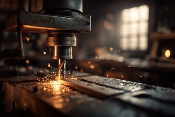 Crafting Metal With an Industrial Drill Press Amidst Flying Sparks