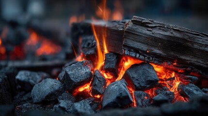 Flames dance among glowing embers and charred wood in a warm outdoor fire pit during evening