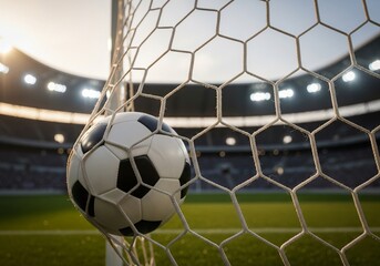 Soccer ball in soccer goal net . Close-up textured soccer net on soccer goal in big stadium.