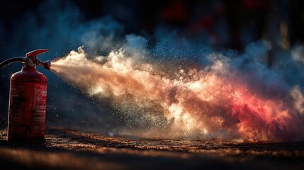 Demonstration of fire extinguisher use creating colorful smoke at an outdoor event