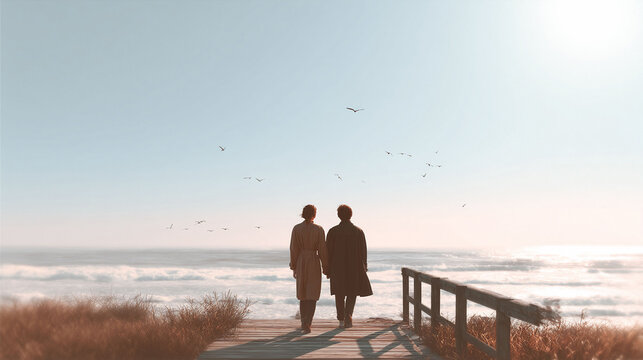 Romantic scene of a couple walking handinhand toward the ocean on a wooden boardwalk. Evokes serenity, partnership, and dreams of travel, love or future plans.