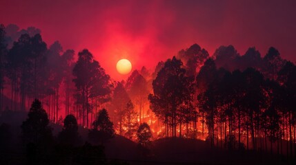 Fototapeta premium Intense sunset over a forest fire with burning trees and smoky skies